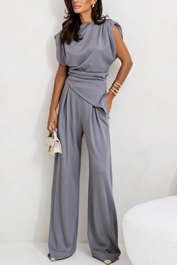 Verisse | Two Piece Set for Women - Draped Top Wide Leg Pants Elegant Fit-Women's Two Piece Sets-Light Grey-S-Camoufit