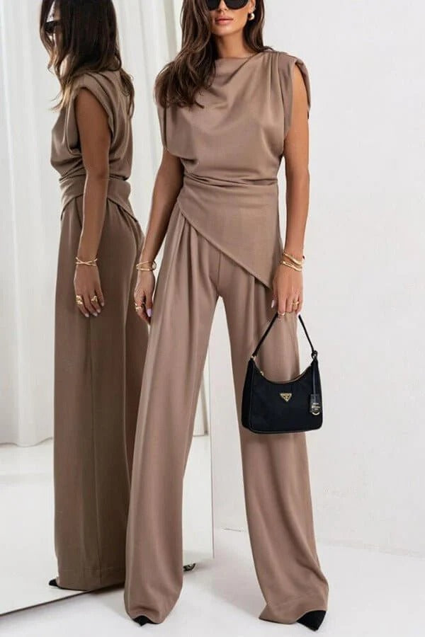 Verisse | Two Piece Set for Women - Draped Top Wide Leg Pants Elegant Fit-Women's Two Piece Sets-Khaki-S-Camoufit