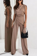 Verisse | Two Piece Set for Women - Draped Top Wide Leg Pants Elegant Fit-Women's Two Piece Sets-Khaki-S-Camoufit