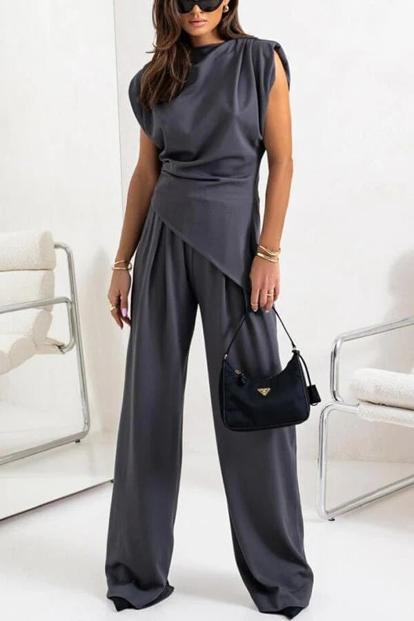 Verisse | Two Piece Set for Women - Draped Top Wide Leg Pants Elegant Fit-Women's Two Piece Sets-Dark Grey-S-Camoufit