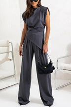 Verisse | Two Piece Set for Women - Draped Top Wide Leg Pants Elegant Fit-Women's Two Piece Sets-Dark Grey-S-Camoufit