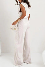Verisse | Two Piece Set for Women - Draped Top Wide Leg Pants Elegant Fit-Women's Two Piece Sets-Light Grey-S-Camoufit
