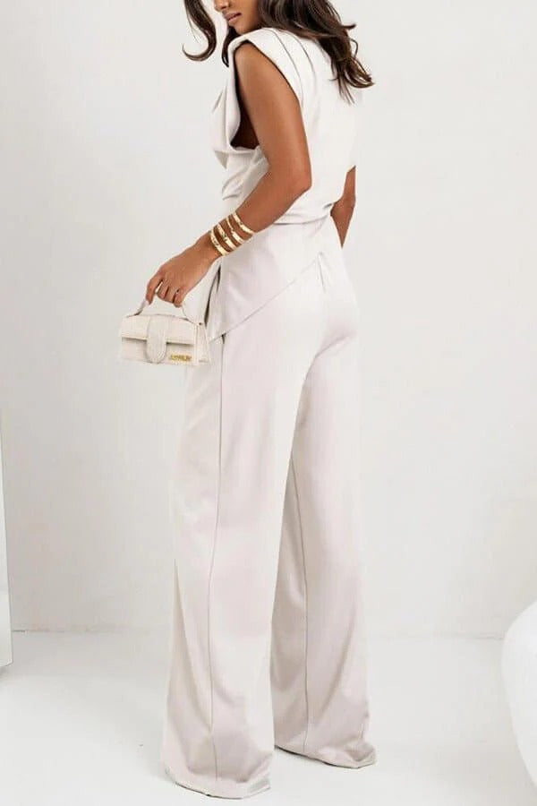 Verisse | Two Piece Set for Women - Draped Top Wide Leg Pants Elegant Fit-Women's Two Piece Sets-Light Grey-S-Camoufit