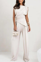 Verisse | Two Piece Set for Women - Draped Top Wide Leg Pants Elegant Fit-Women's Two Piece Sets-White-S-Camoufit
