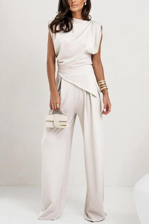 Verisse | Two Piece Set for Women - Draped Top Wide Leg Pants Elegant Fit-Women's Two Piece Sets-White-S-Camoufit