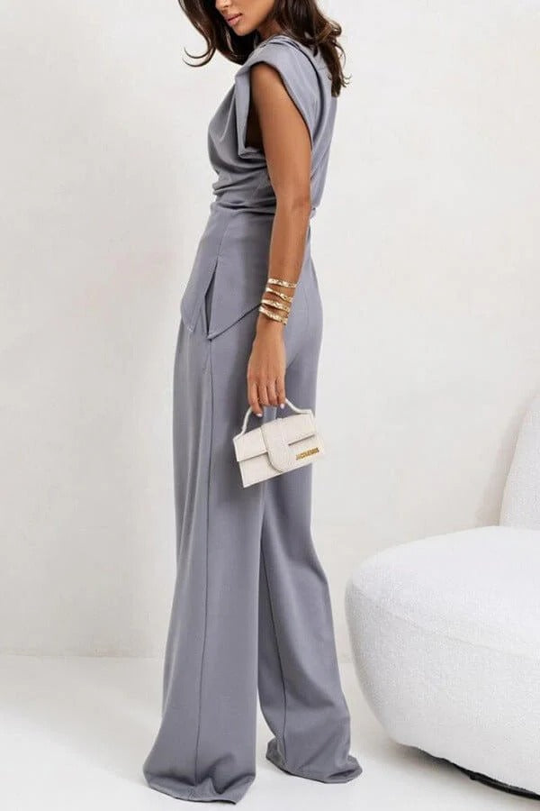 Verisse | Two Piece Set for Women - Draped Top Wide Leg Pants Elegant Fit-Women's Two Piece Sets-Light Grey-S-Camoufit