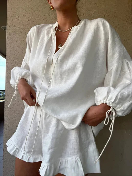 Amélis | Cotton Lounge Set for Women - Ruffle Hem Tie Sleeve Relaxed Fit-Women's Two Piece Sets-White-S-Camoufit
