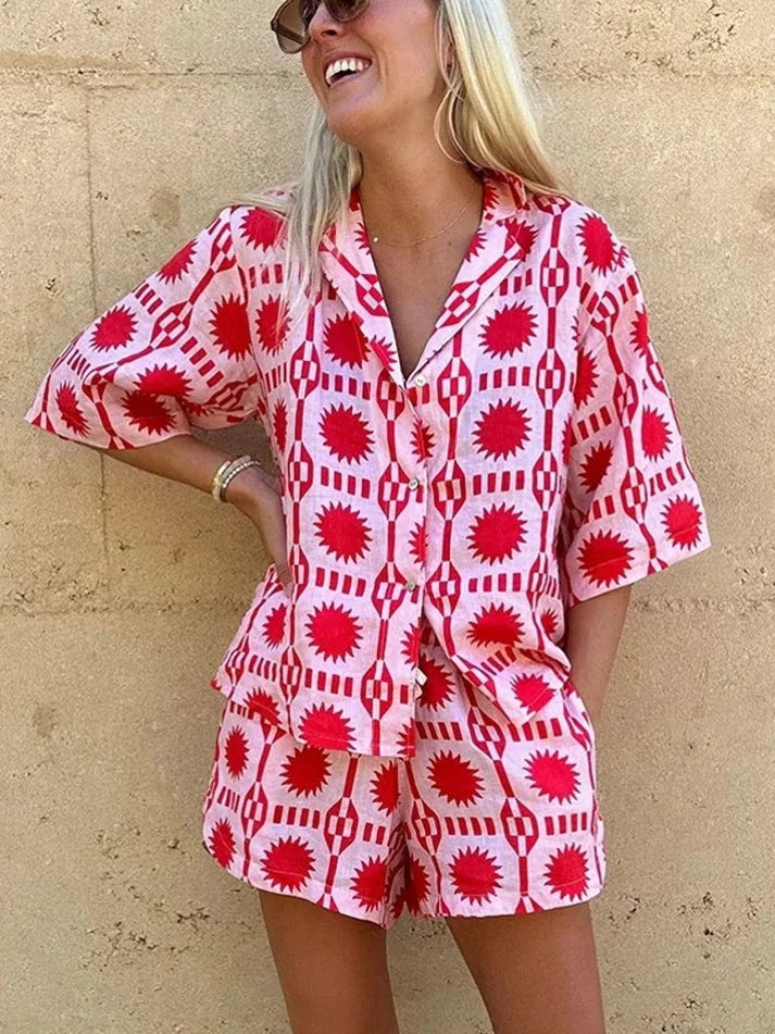 Elyra | Shirt and Shorts Set for Women - Geometric Print Relaxed Fit-Women's Two Piece Sets-Red-S-Camoufit