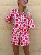Elyra | Shirt and Shorts Set for Women - Geometric Print Relaxed Fit-Women's Two Piece Sets-Red-S-Camoufit