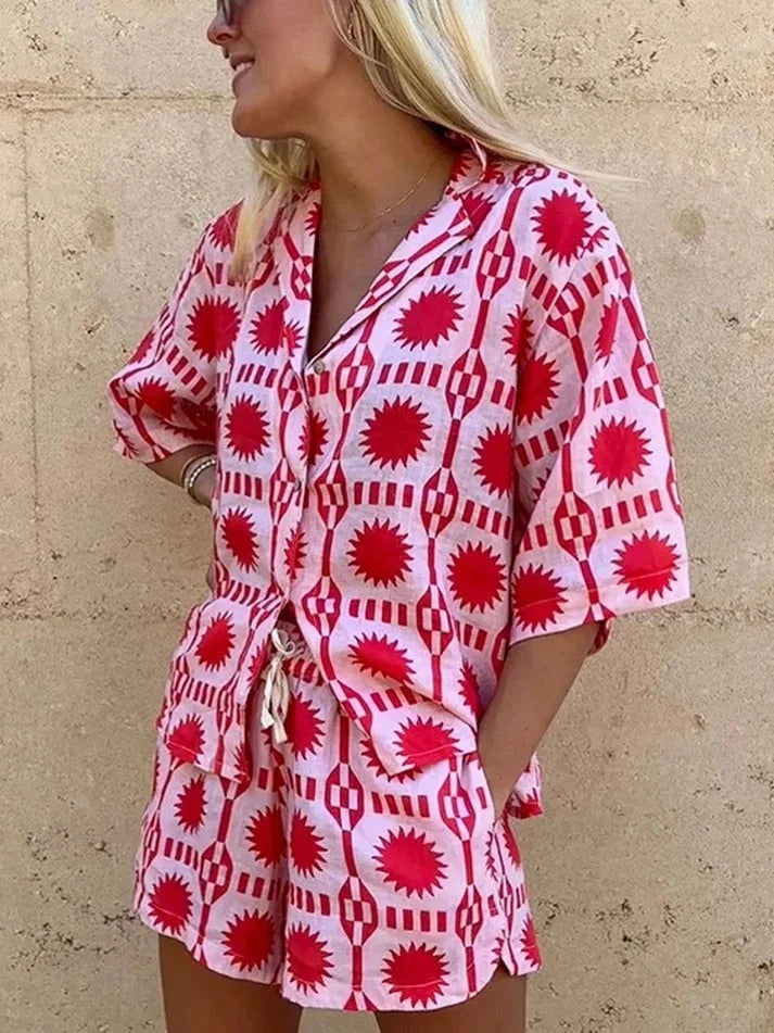 Elyra | Shirt and Shorts Set for Women - Geometric Print Relaxed Fit-Women's Two Piece Sets-Red-S-Camoufit