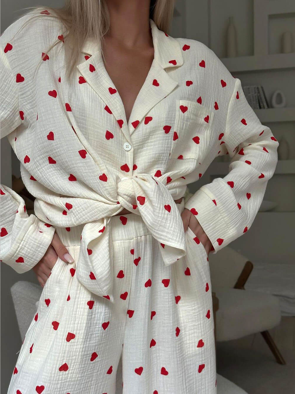 Isola | Pyjama Set for Women - Heart Print Lightweight Relaxed Soft Cosy Loungewear Fit-Loungewear set-White-S-Camoufit