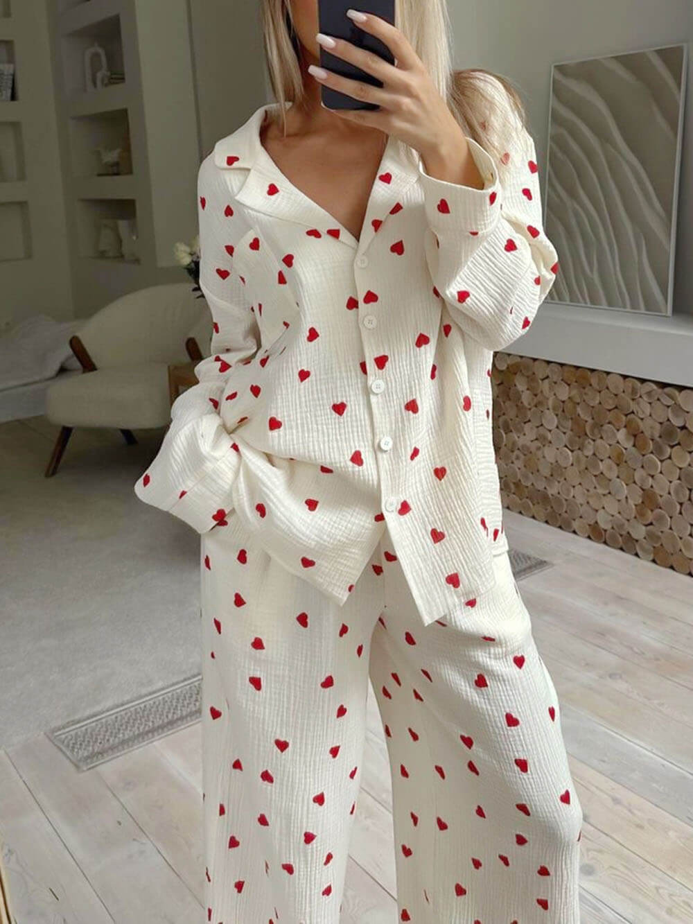 Isola | Pyjama Set for Women - Heart Print Lightweight Relaxed Soft Cosy Loungewear Fit-Loungewear set-White-S-Camoufit