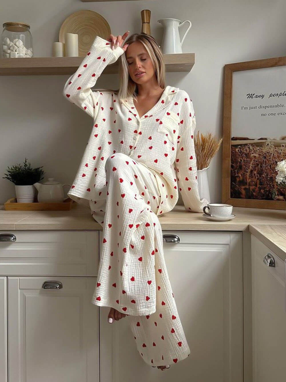 Isola | Pyjama Set for Women - Heart Print Lightweight Relaxed Soft Cosy Loungewear Fit-Loungewear set-White-S-Camoufit