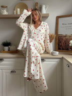Isola | Pyjama Set for Women - Heart Print Lightweight Relaxed Soft Cosy Loungewear Fit-Loungewear set-White-S-Camoufit