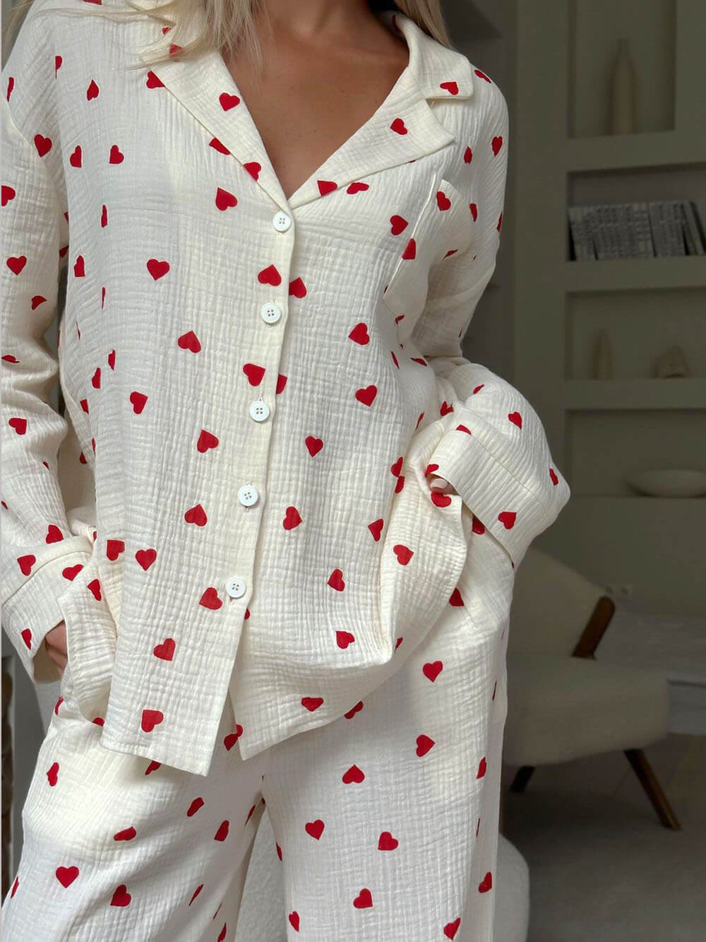 Isola | Pyjama Set for Women - Heart Print Lightweight Relaxed Soft Cosy Loungewear Fit-Loungewear set-White-S-Camoufit