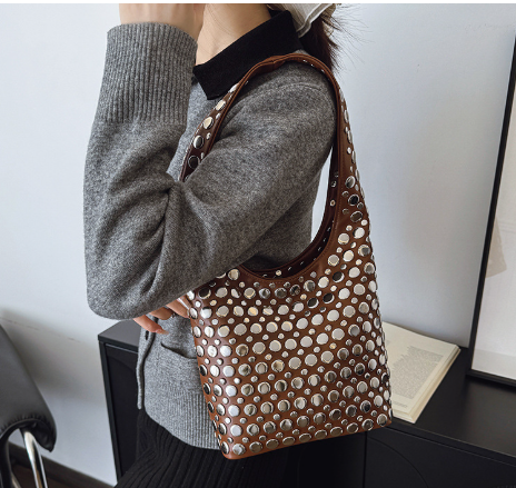 Aloura | Women's Studded Shoulder Bag with Crossbody Strap Spacious Bold Elegant Day Night Handbag-Shoulder Bag-Brown-Camoufit