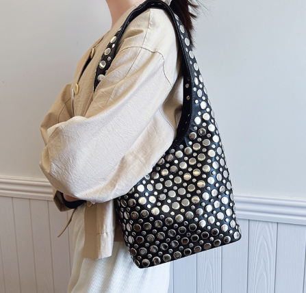 Aloura | Women's Studded Shoulder Bag with Crossbody Strap Spacious Bold Elegant Day Night Handbag-Shoulder Bag-Blue-Camoufit