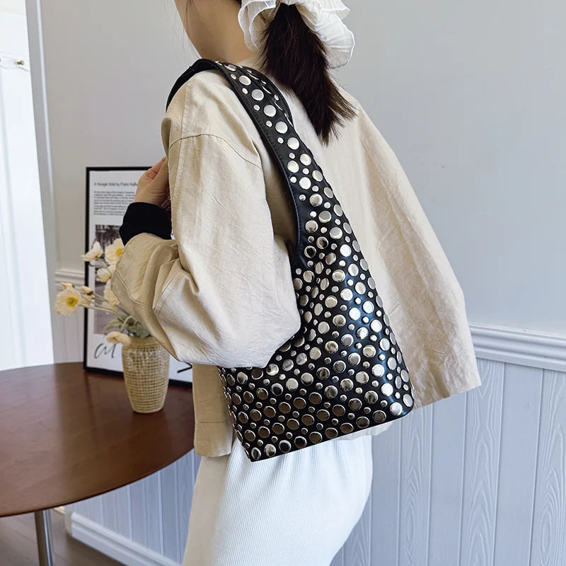 Aloura | Women's Studded Shoulder Bag with Crossbody Strap Spacious Bold Elegant Day Night Handbag-Shoulder Bag-Black-Camoufit