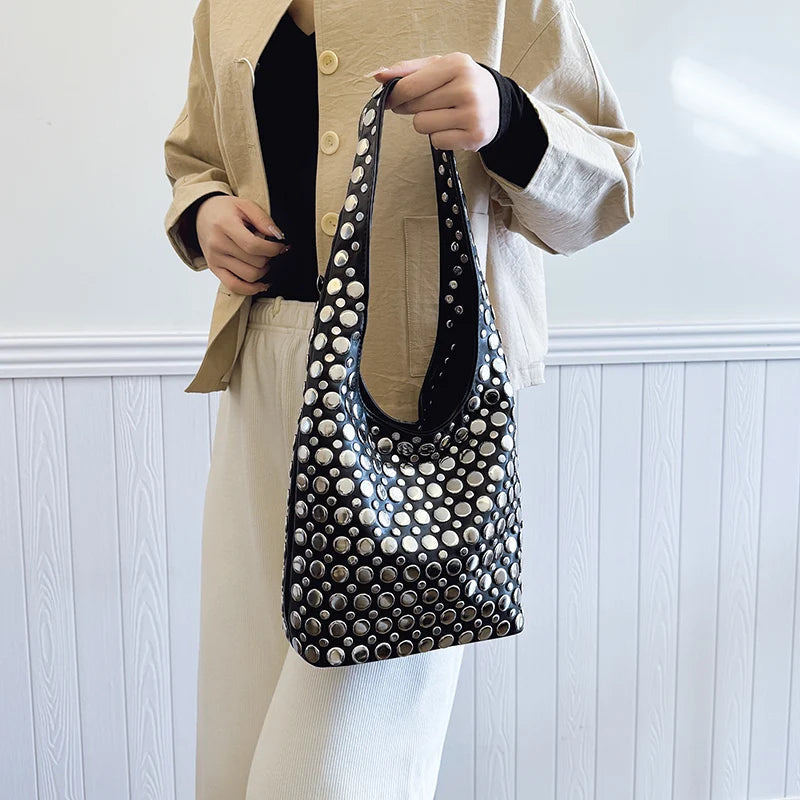 Aloura | Women's Studded Shoulder Bag with Crossbody Strap Spacious Bold Elegant Day Night Handbag-Shoulder Bag-Black-Camoufit