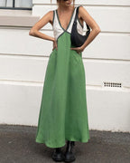 Women's Contrast Maxi Dress – V-Neck Elegant Flowy Fit-Dresses-Green-S-