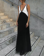 Women's Contrast Maxi Dress – V-Neck Elegant Flowy Fit-Dresses-Green-S-