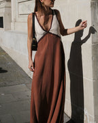 Women's Contrast Maxi Dress – V-Neck Elegant Flowy Fit-Dresses-Green-S-