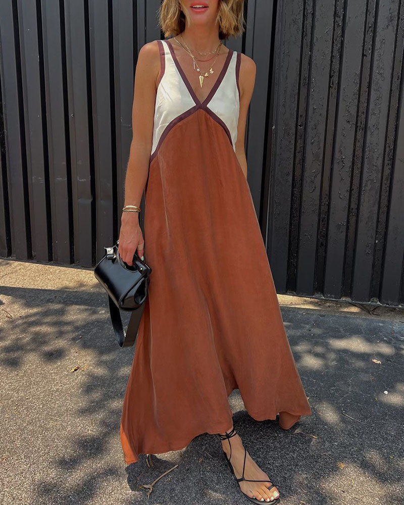Women's Contrast Maxi Dress – V-Neck Elegant Flowy Fit-Dresses-Brown-S-