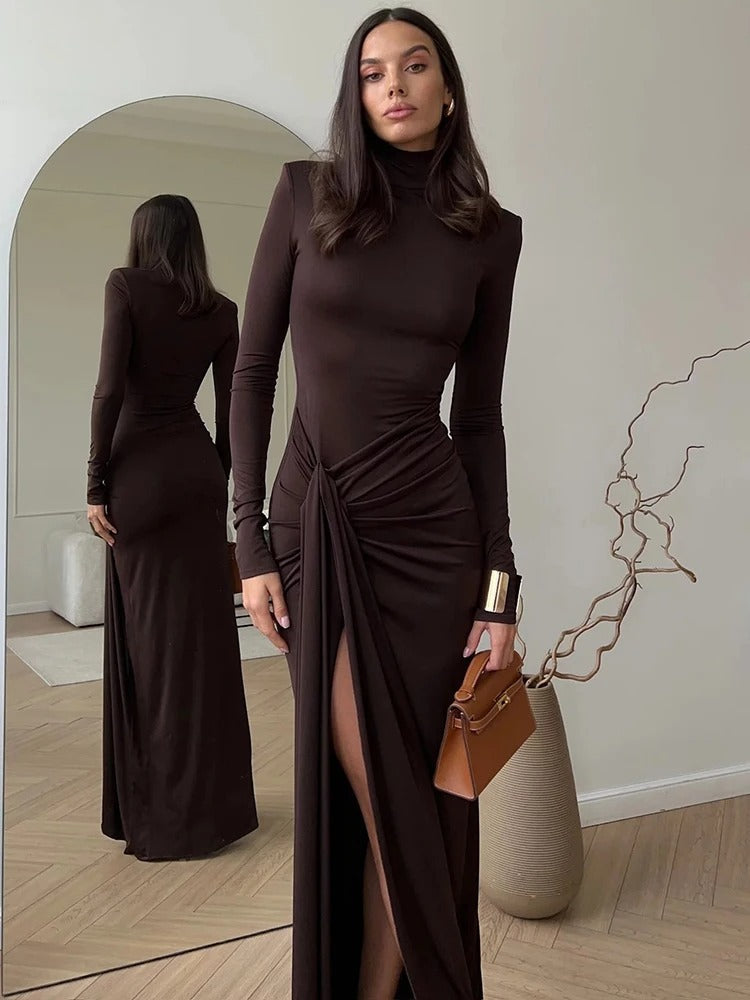 Zafira | Women's Ruched Maxi Dress – High Neck Elegant Slim Fit
