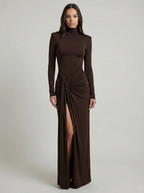 Zafira | Women's Ruched Maxi Dress – High Neck Elegant Slim Fit-Maxi Dress-Brown-S-