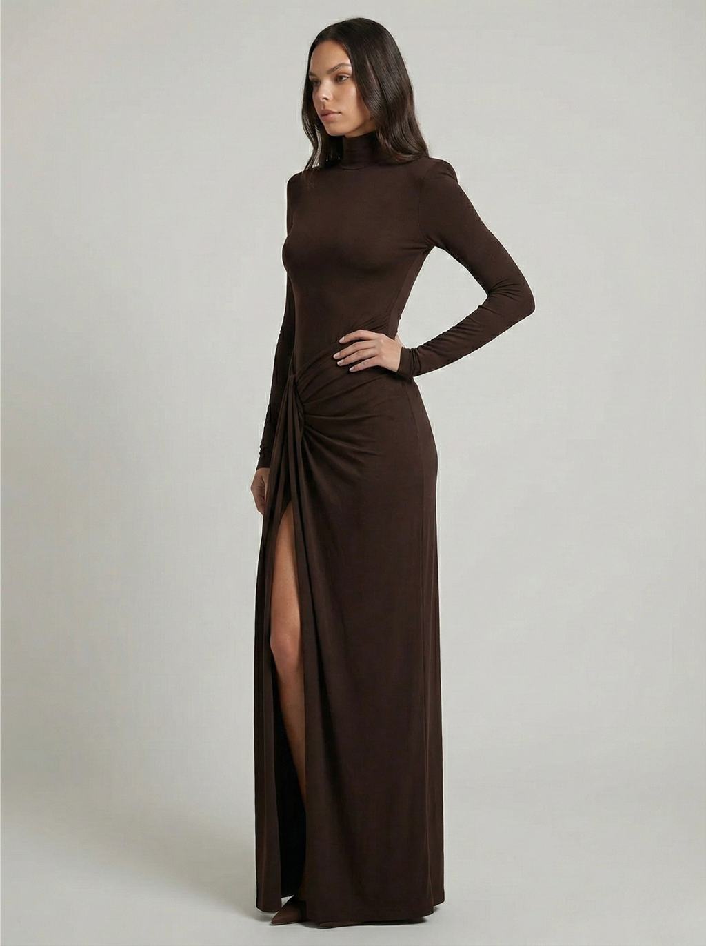 Zafira | Women's Ruched Maxi Dress – High Neck Elegant Slim Fit-Maxi Dress-Brown-S-