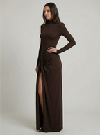 Zafira | Women's Ruched Maxi Dress – High Neck Elegant Slim Fit-Maxi Dress-Brown-S-