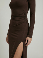Zafira | Women's Ruched Maxi Dress – High Neck Elegant Slim Fit-Maxi Dress-Brown-S-