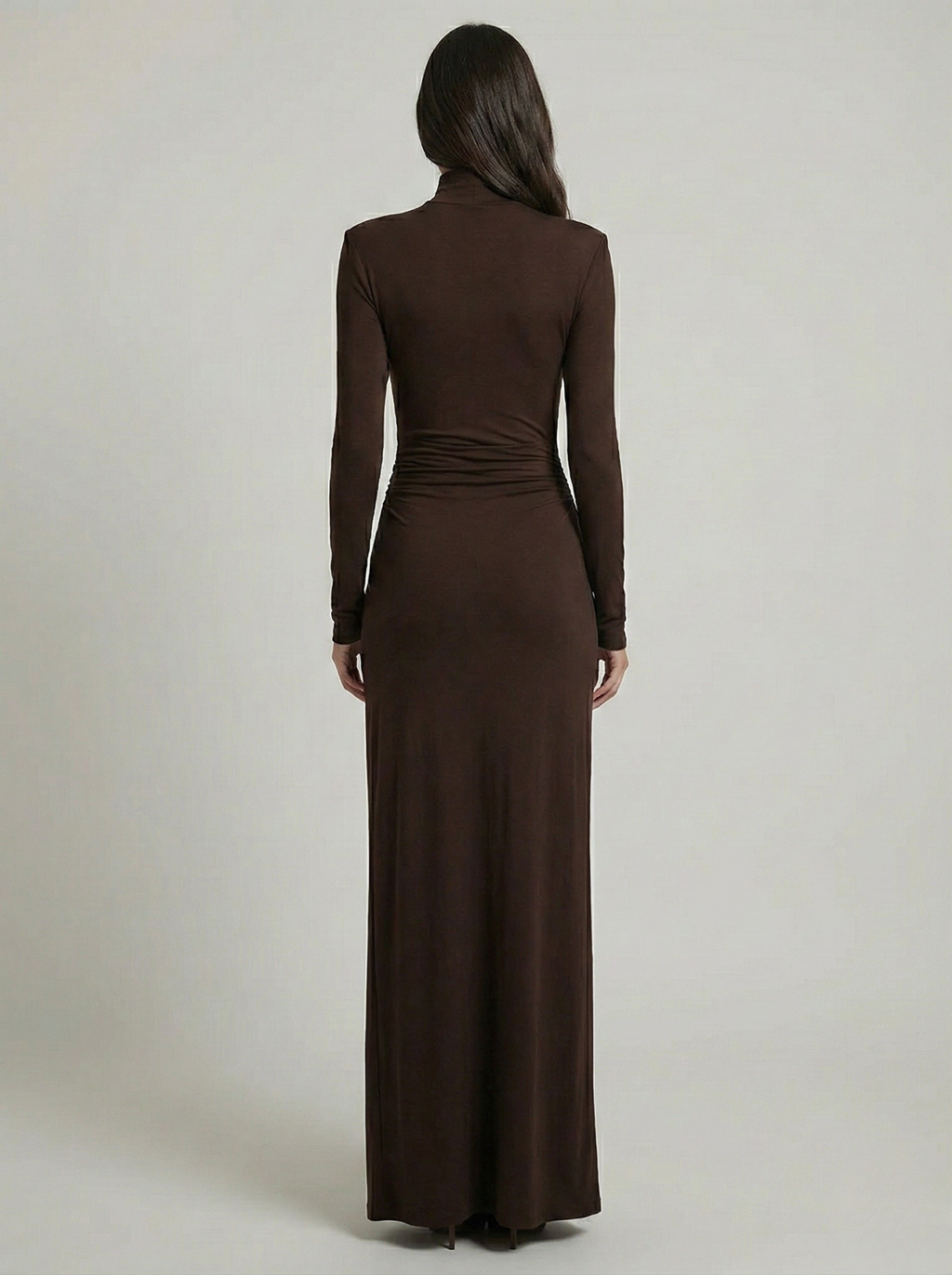 Zafira | Women's Ruched Maxi Dress – High Neck Elegant Slim Fit-Maxi Dress-Brown-S-
