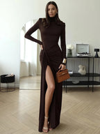 Zafira | Women's Ruched Maxi Dress – High Neck Elegant Slim Fit-Maxi Dress-Brown-S-