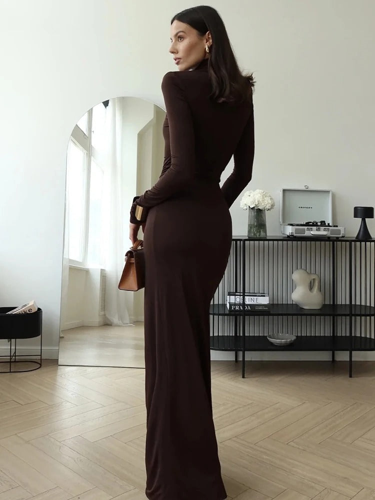 Zafira | Women's Ruched Maxi Dress – High Neck Elegant Slim Fit-Maxi Dress-Brown-S-