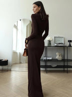 Zafira | Women's Ruched Maxi Dress – High Neck Elegant Slim Fit-Maxi Dress-Brown-S-