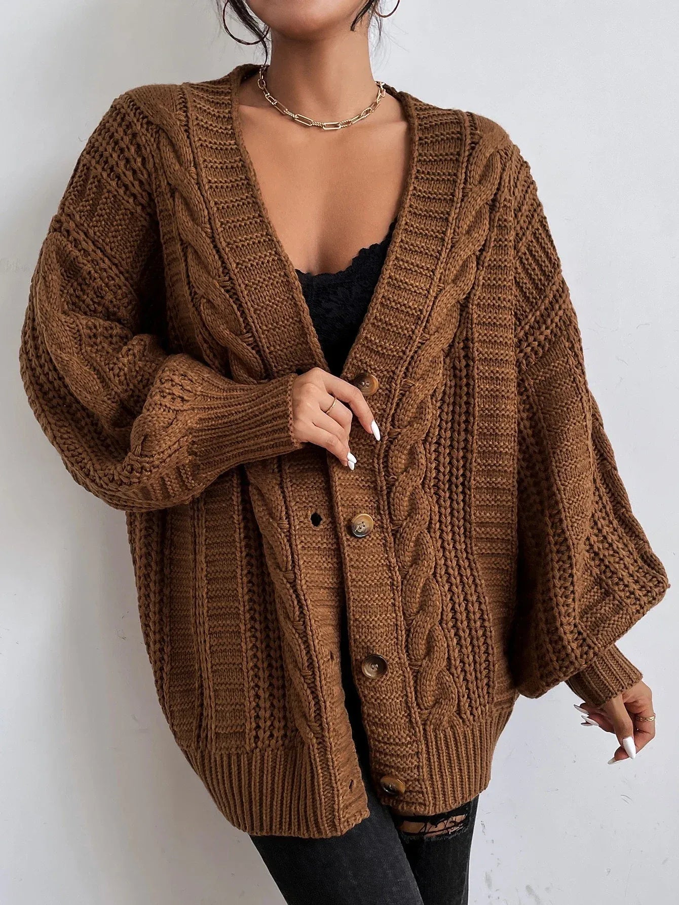 Elowen | Women's Cable Knit Cardigan – Oversized Cozy Relaxed Fit-Womens' Cardigan-Brown-S-