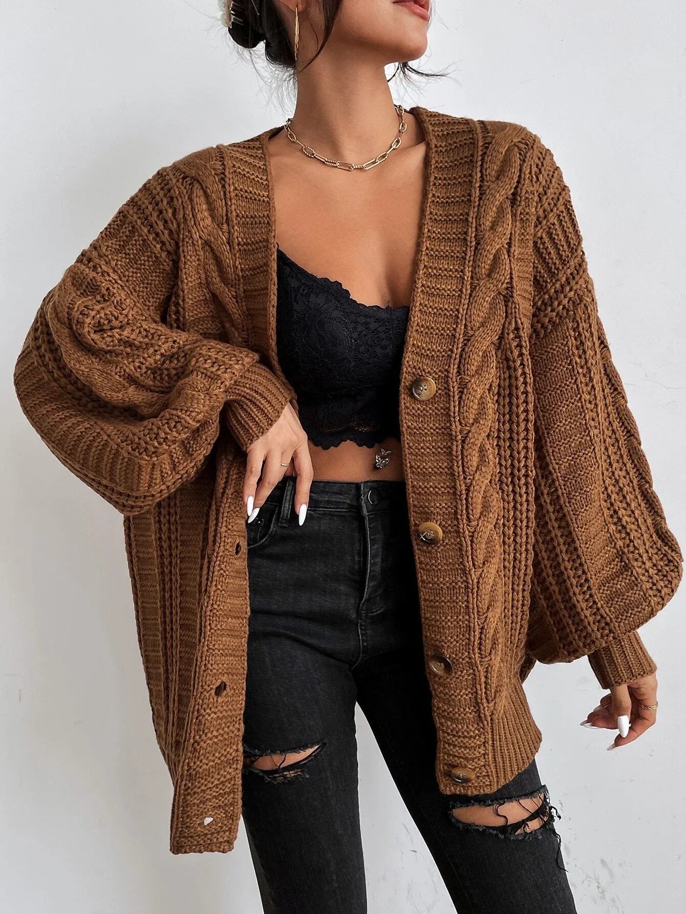 Elowen | Women's Cable Knit Cardigan – Oversized Cozy Relaxed Fit-Womens' Cardigan-Brown-S-