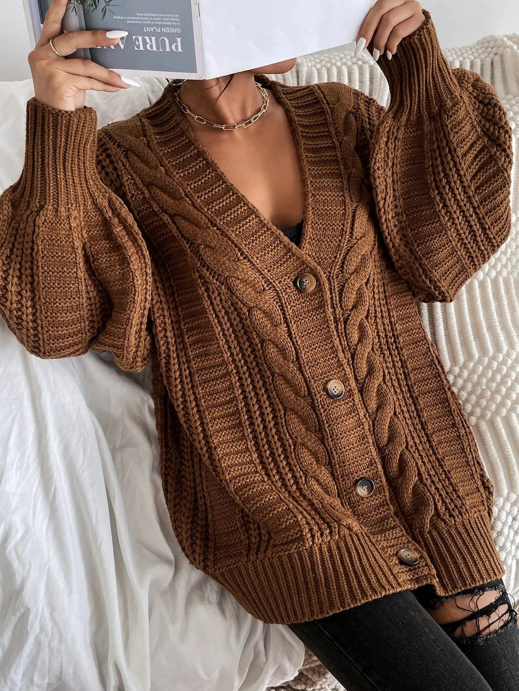 Elowen | Women's Cable Knit Cardigan – Oversized Cozy Relaxed Fit-Womens' Cardigan-Brown-S-