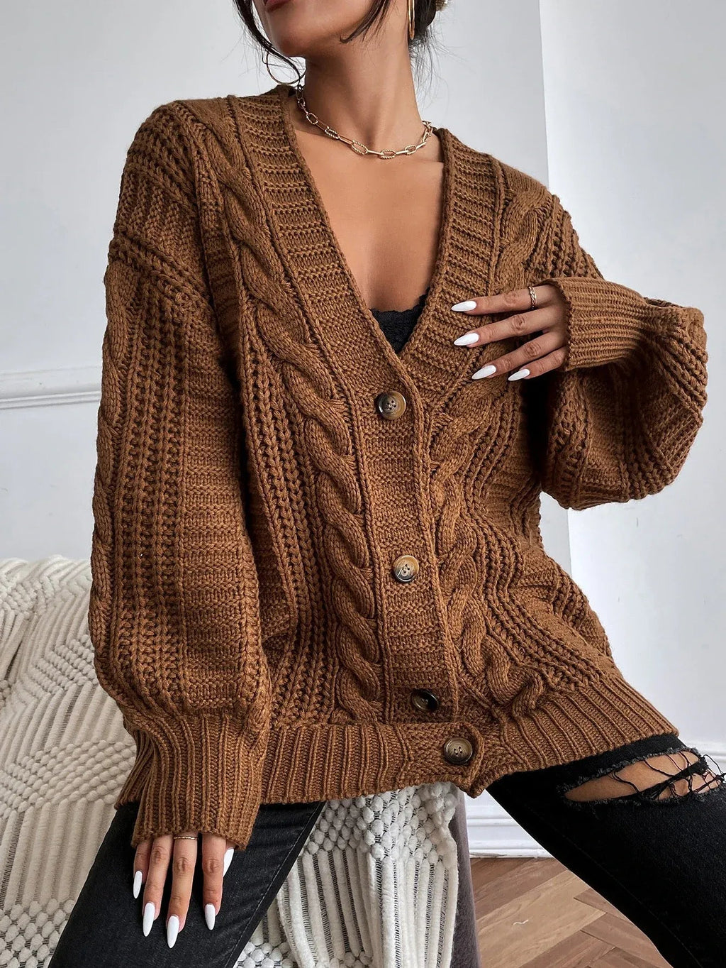 Elowen | Women's Cable Knit Cardigan – Oversized Cozy Relaxed Fit-Womens' Cardigan-Brown-S-