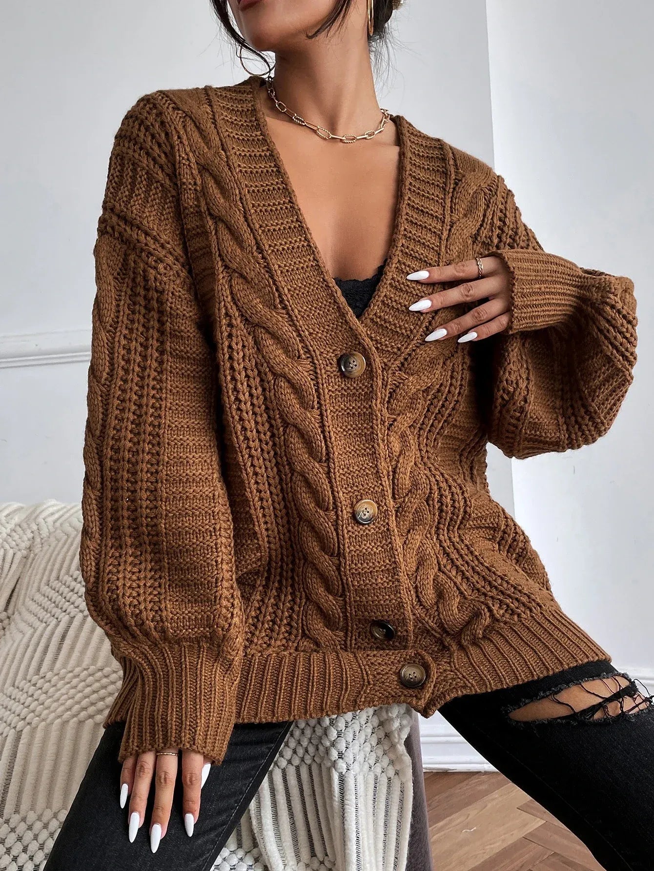 Elowen | Women's Cable Knit Cardigan – Oversized Cozy Relaxed Fit-Womens' Cardigan-Brown-S-