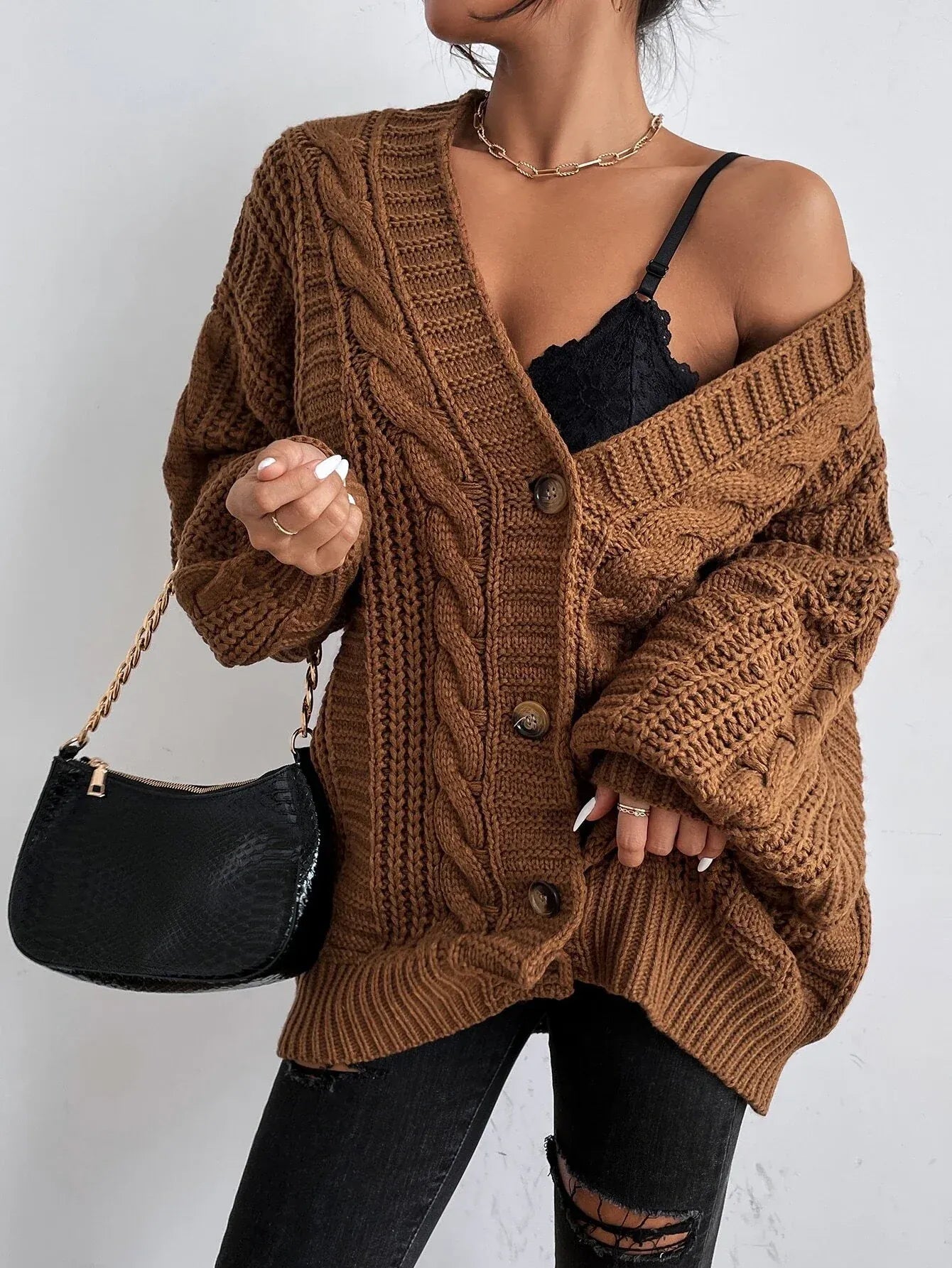 Elowen | Women's Cable Knit Cardigan – Oversized Cozy Relaxed Fit-Womens' Cardigan-Brown-S-