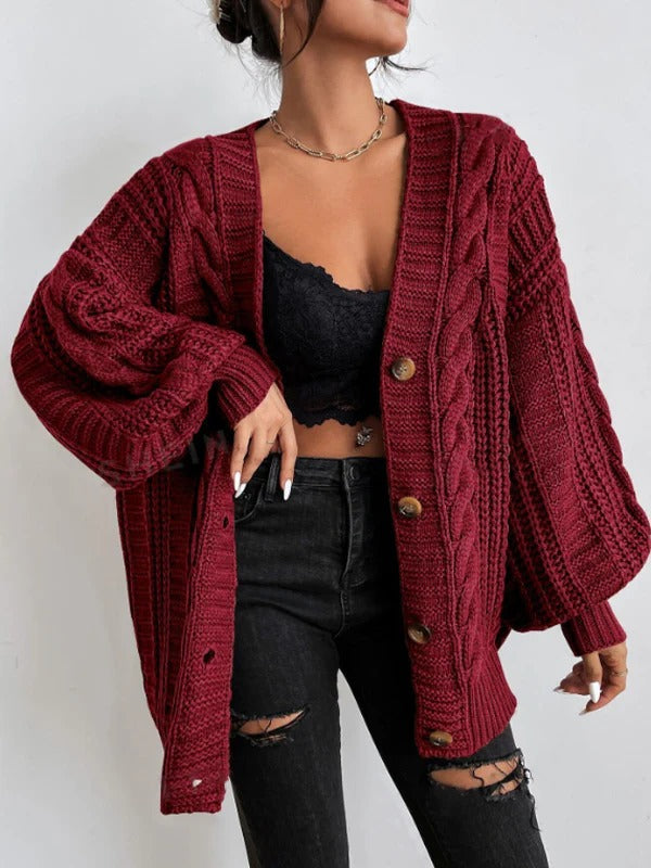 Elowen | Women's Cable Knit Cardigan – Oversized Cozy Relaxed Fit-Womens' Cardigan-Red-S-