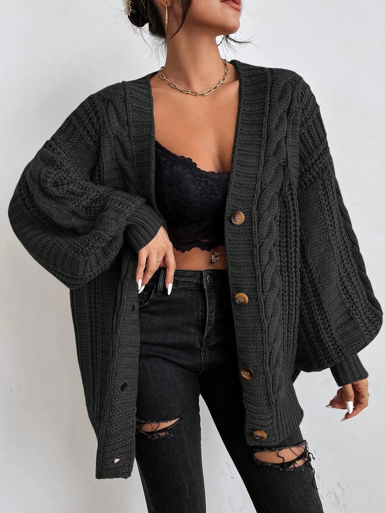 Elowen | Women's Cable Knit Cardigan – Oversized Cozy Relaxed Fit-Womens' Cardigan-Black-S-