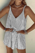Women's Sequin Mini Dress – V-Back Evening Party Fit-Mini Dress-Silver-S-