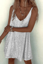 Women's Sequin Mini Dress – V-Back Evening Party Fit-Mini Dress-Silver-S-