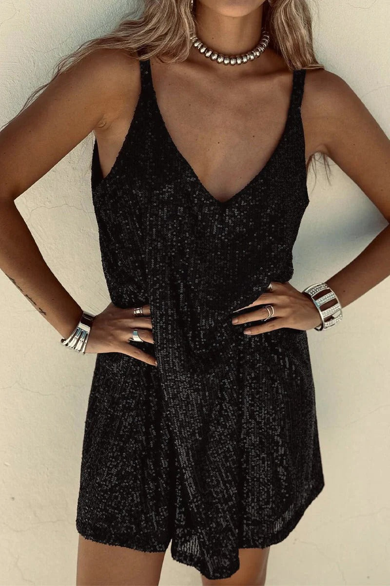 Women's Sequin Mini Dress – V-Back Evening Party Fit-Mini Dress-Black-S-