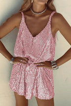 Women's Sequin Mini Dress – V-Back Evening Party Fit-Mini Dress-Light Pink-S-