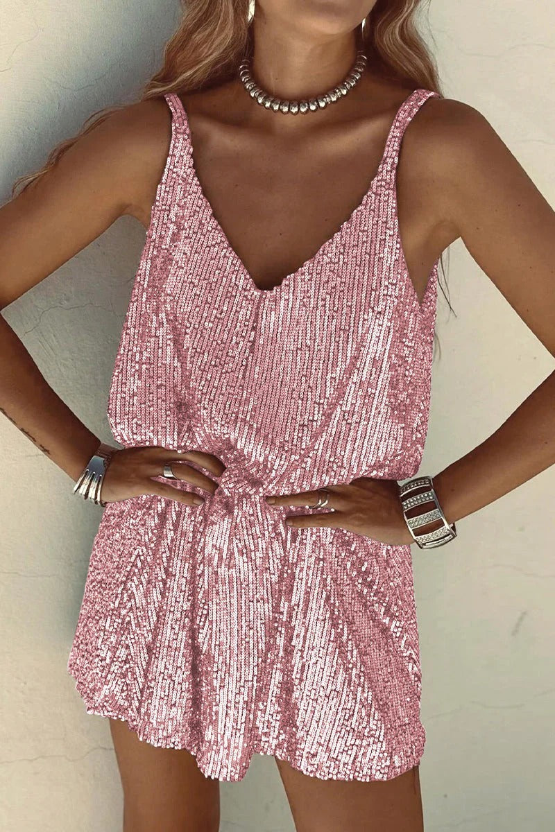 Women's Sequin Mini Dress – V-Back Evening Party Fit-Mini Dress-Light Pink-S-