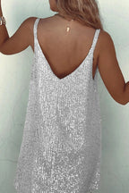 Women's Sequin Mini Dress – V-Back Evening Party Fit-Mini Dress-Silver-S-